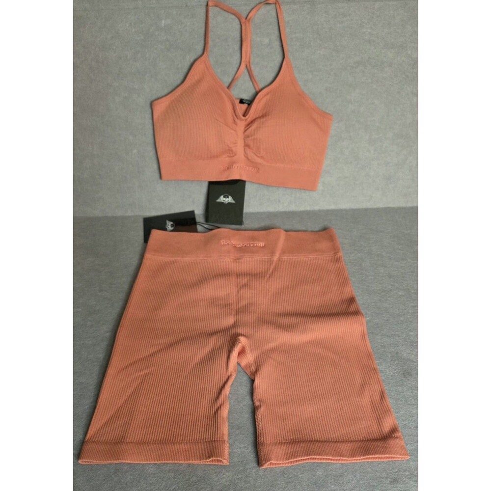 CIVIL REGIME No Tomorrow Medium Coral Ribbed Sports Bra Biker Shorts Set NWT